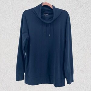 LL Bean Women M Navy Cowl Neck Pullover Sweatshirt Pockets Stretch Cozy Coastal